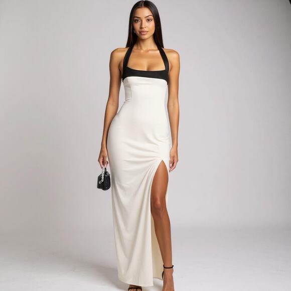 Lovers And Friends White Satin Gown Slip Dress Halter Lrg Side Slit Minimalist - Picture 1 of 16
